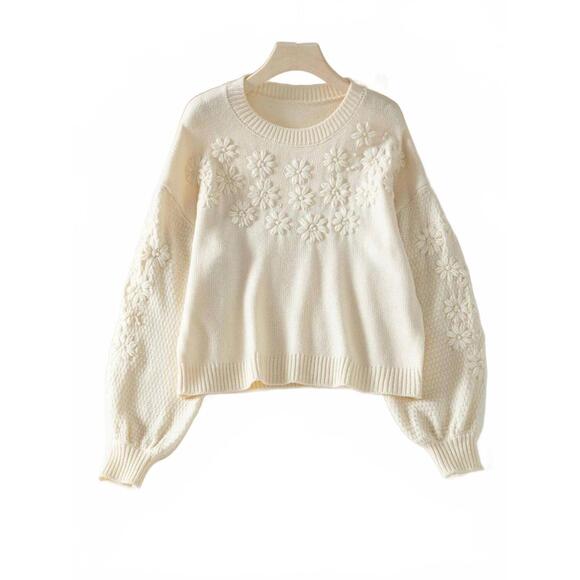 NEW ROSA CLOTHING embroidered daisy knit sweater in off white - Picture 2 of 3